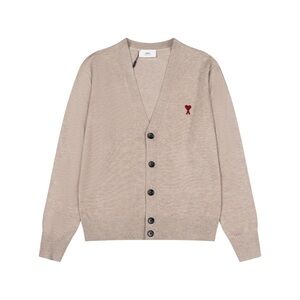 Ami Classic V-Neck Tan Cardigan with Red Emblem